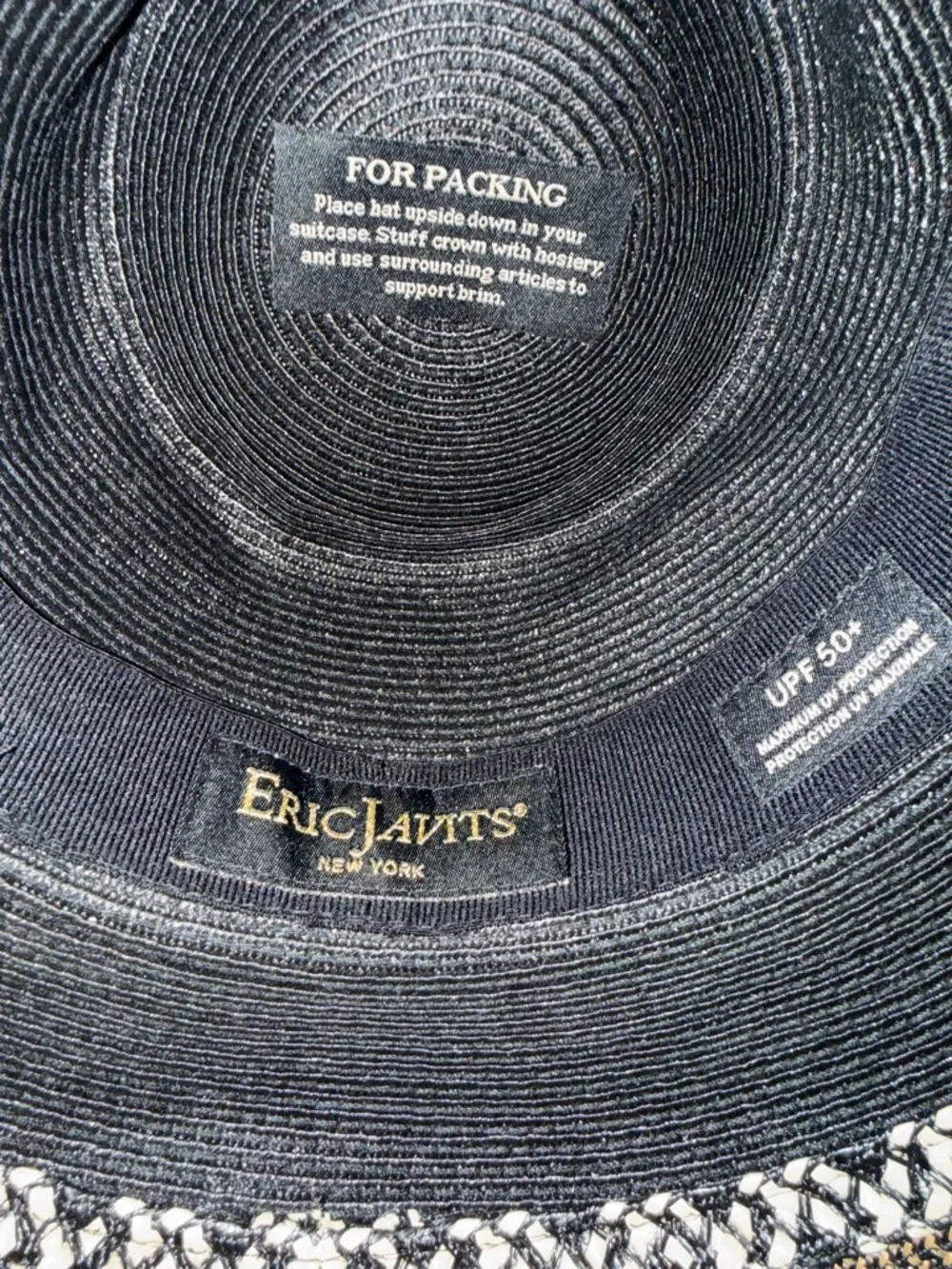 Eric Javits Hat Black Beige Squishee Straw Fedora Sunhat Packable UPF 50+ - Picture 4 of 7